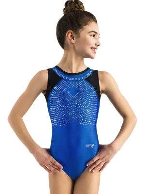 ERVY Mädchen Turnanzug ohne Arm mit Strass vorne.