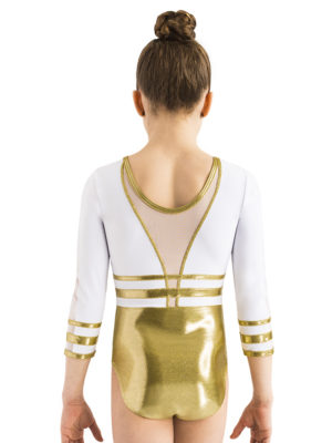ERVY Turnanzug für Damen und Mädchen in Gold-Weiß mit Strass und 3/4-Armen.