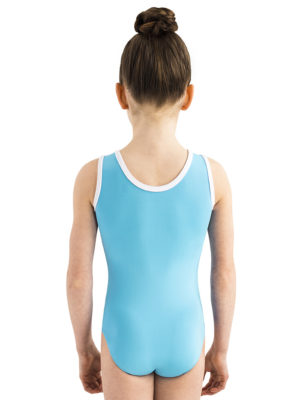 ERVY Kinder Turnanzug in Hellblau ohne Arm und aus mattem Material.
