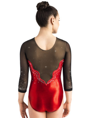 ERVY Damen Wettkampf Anzug mit 3/4-Tüllärmeln und Glitzersteinen. Turnanzug in Rot-Schwarz.