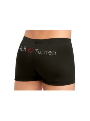 ERVY kurze Turnhose in Schwarz hüfttief und mit Schrift aus Strass, "Ich liebe Turnen"