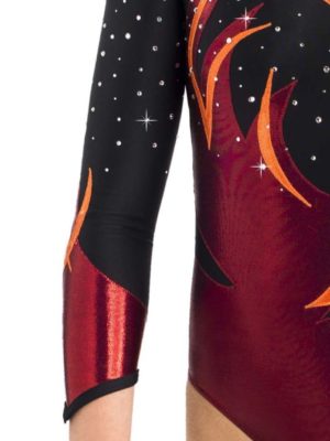 ERVY Leotard 3/4-Arm, der V-förmig endet, mit Strass und Flammenmuster in orange am Ärmel