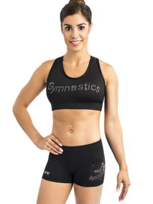 ERVY Crop Top mit Gymnastics-Aufschrift mit Strasssteinen. Hipster hüfttief ohne Mittelnaht vorne.