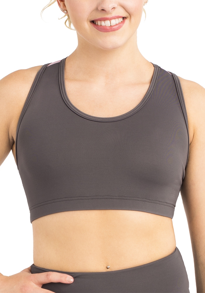 ERVY Crop Top mit Rückeneinsatz in Tüll, Farbe in grau-braun, Vorderteil gefüttert