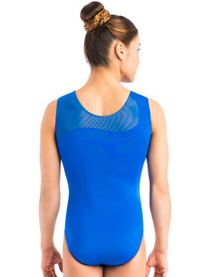 ERVY Gymnastikanzug ohne Arm in mattem Blau, mit luftigem Netzstoff im Oberteil in Blau.