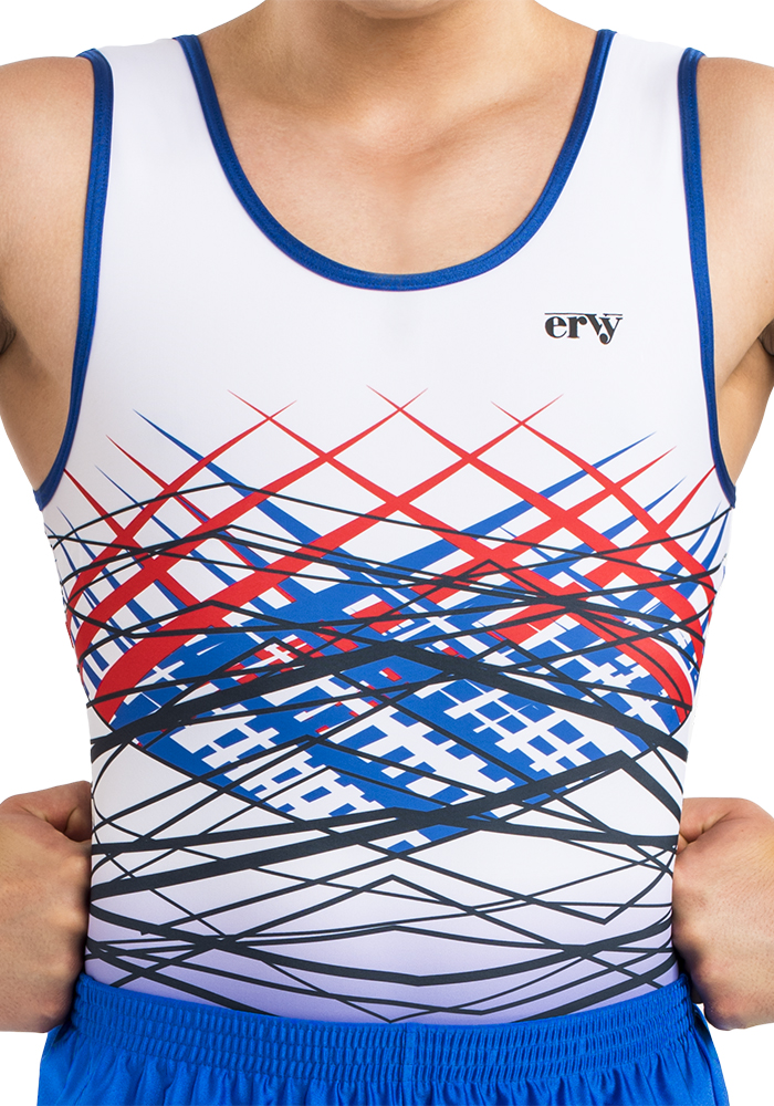 ERVY Turnanzug für Jungen in weiß mit Print in rot, blau und schwarz, vorne und hinten
