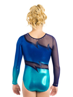 ERVY Turner Show-Anzug mit Glanz und Tüllarm. Eleganter Turnanzug mit Farbverlauf aus Lackmaterial und mit glitzernden Steinen verziert.