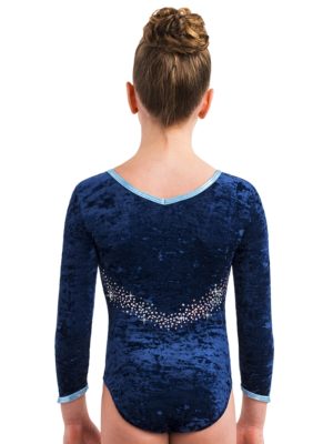 ERVY Gymnastikanzüge für Mädchen weich und flauschig in Blau mit Strass und 3/4-Arm.