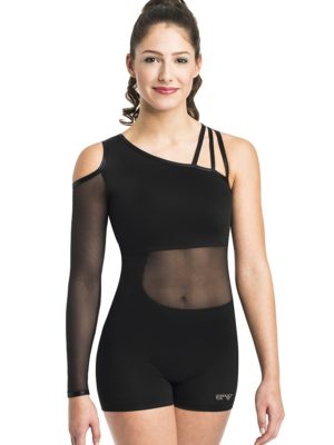 Cheer Dance-Catsuit in schwarz mit asymmetrischen Ausschnitt, rechts Schulterloch, links schulterfrei