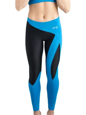ERVY zweifarbige lange Leggings hüfttief in Schwarz und Azur-Blau. Dynamisch und figurbetont.