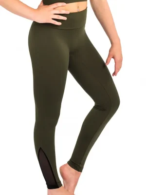 ERVY High waist Leggings in Olivgrün, mit hohem Bund und schwarzem Tüll am Bein