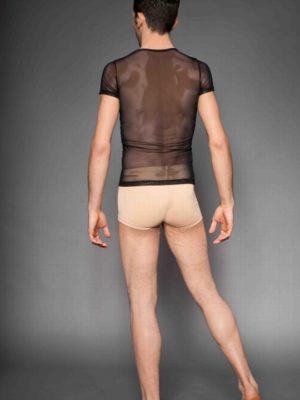 ERVY Männer kurzarm Shirt aus transparentem Tüll mit hautfarbener Hotpant.