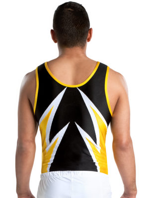 ERVY Turnanzug für Jungen und Männer in Schwarz mit gelben und weißen Zacken auf dem Vorderteil und Rückenteil. In vielen Farben kombinierbar.