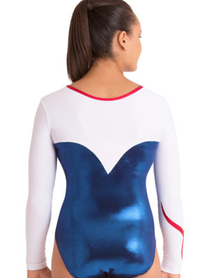 ERVY blau-weißer Leotard mit glänzend rotem Design und langen Armen. Turnanzüge mit funkelndem Strass vorne.