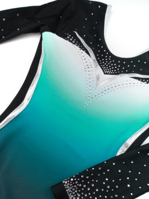 ERVY Leotard in schwarz, Farbverlauf in blau-grün als Druck und Strass
