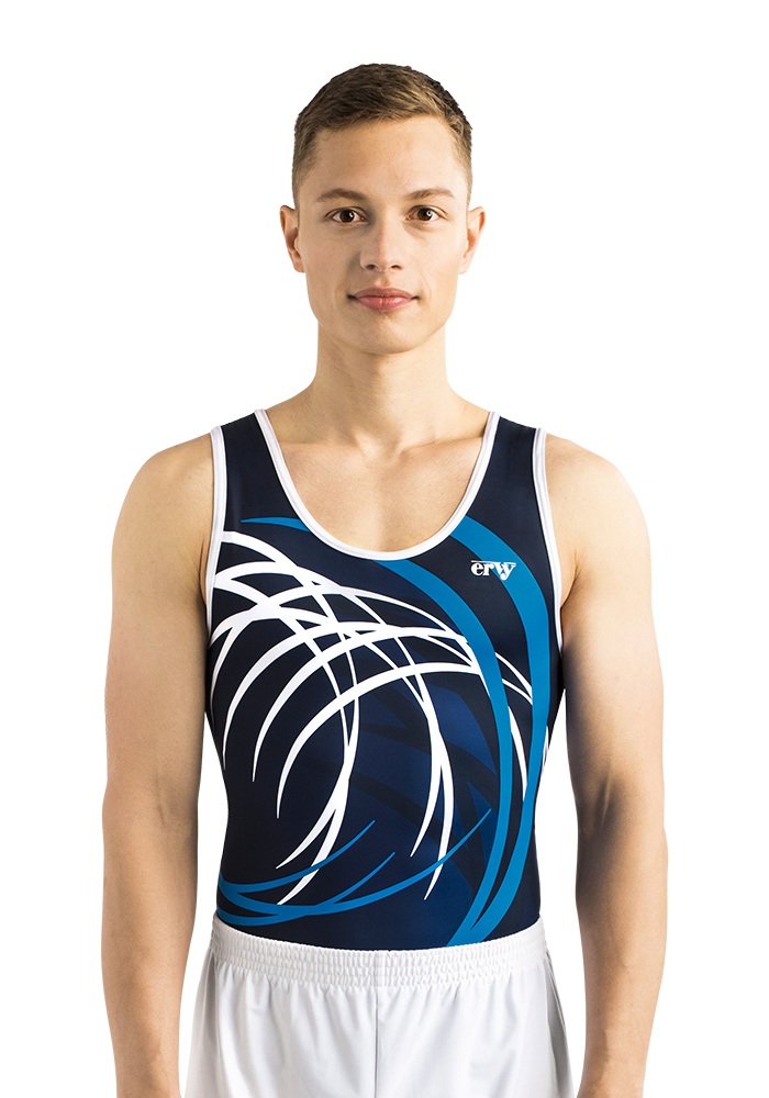 ERVY bedrucktes Herren Turntrikot für Kinder und Erwachsene, mit geschwungenem Print in verschiedenen Blautönen, mit weißer Arm- und Halseinfassung