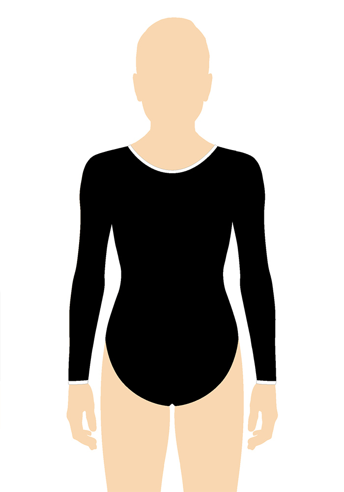 ERVY Langärmliger Basic Leotard mit Rundhals und Arm- und Halsbündchen, die farblich ebenfalls angepasst werden können. Turnanzug aus glänzendem und elastischem Material.