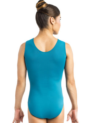 ERVY matter Turnbody für Mädchen und Damen in Blau-Grün und ohne Arme. Kinder Turnanzüge mit Strass vorne.