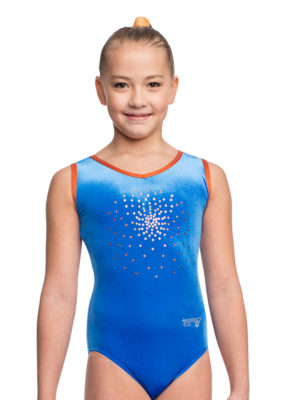 ERVY samtiger blauer Turnanzug ohne Arm mit orangen Pailletten und Armbündchen sowie Halsbündchen.