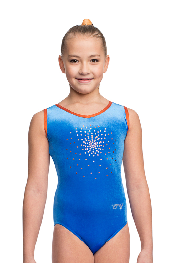 ERVY samtiger blauer Turnanzug ohne Arm mit orangen Pailletten und Armbündchen sowie Halsbündchen.