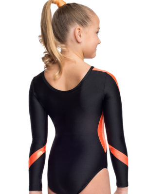 ERVY Turnbekleidung für Mädchen und Damen mit langen Armen in Schwarz mit orangenen Streifen. Gymnastikanzug in vielen Farben.