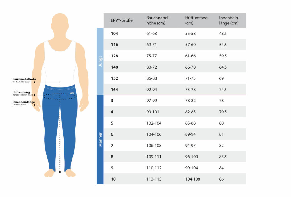 ERVY Größentabelle für lange Turnhosen für Jungen und Männer