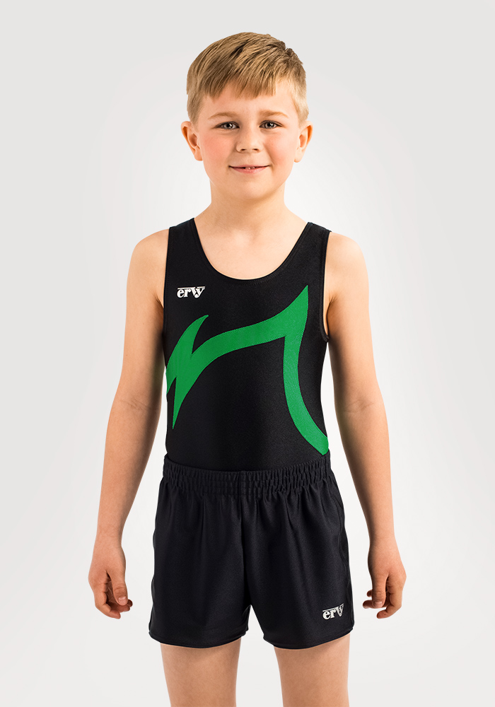 ERVY Jungen-Set mit Turnanzug ohne Arm in Schwarz mit Zickzackdesign in Grün sowie passender schwarzer kurzer Turnhose.