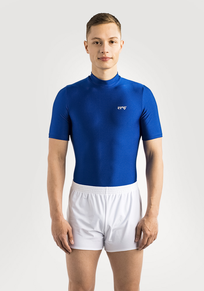 ERVY einfarbiges Turntrikot NORBERT in Blau mit Stehkragen und kurze Turnhose hüfttief mit Seitenschlitzen.