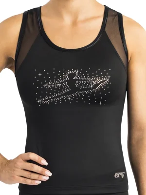 ERVY ärmelloses langes Top in Schwarz mit glitzerndes Turner-Motiv vorne.