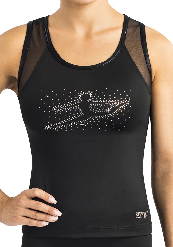 ERVY ärmelloses langes Top in Schwarz mit glitzerndes Turner-Motiv vorne.