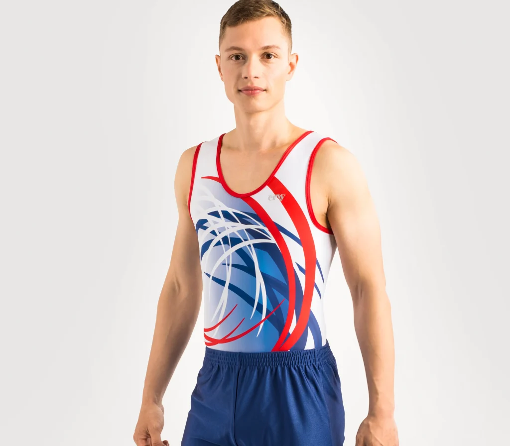 ERVY ärmelloses Turntrikot Print in Weiß, Rot und Blau.