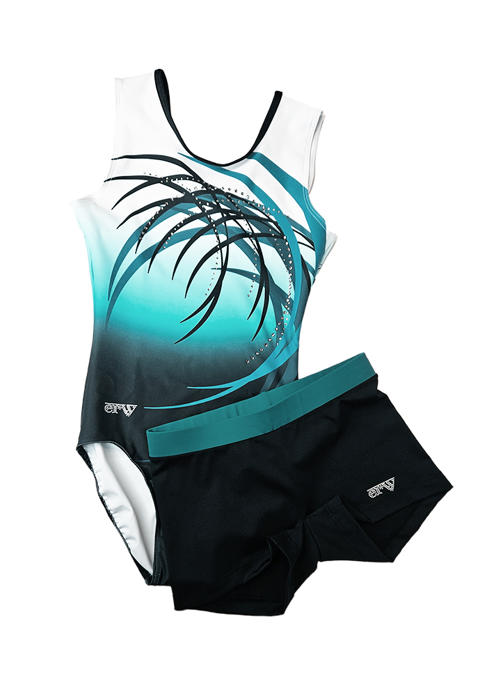 ERVY Sportliches Set aus ärmellosem Print-Turnanzug mit Strass und Hipster mit Kontrastbund in Schwarz und Blau-Grün.
