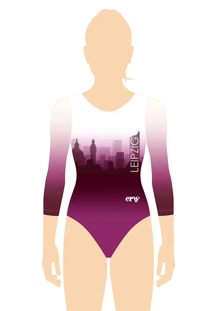 ERVY lila Print Leotard mit 3/4-Netzärmel und Farbverlauf sowie Leipziger Skyline als bedrucktes Motiv.