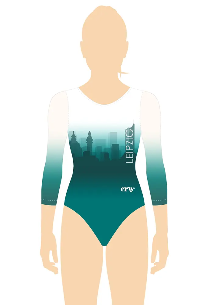 ERVY grün-blauer Print Turnanzug mit 3/4-Arm mit Tüll-Farbverlauf und Leipziger Skyline Motiv.