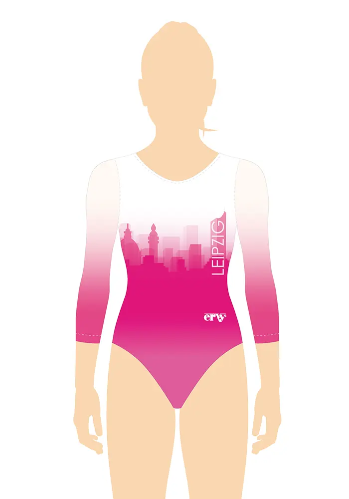 ERVY pinker Print Turnanzug mit 3/4-Arm aus Tüll mit Farbverlauf in Rosa-Weiß mit Leipziger Skyline Print.