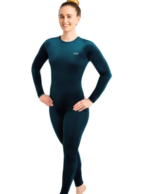 ERVY Blauer Overall mit Schimmer. Ganzanzug langarm, hochgeschlossen mit Halsbündchen.