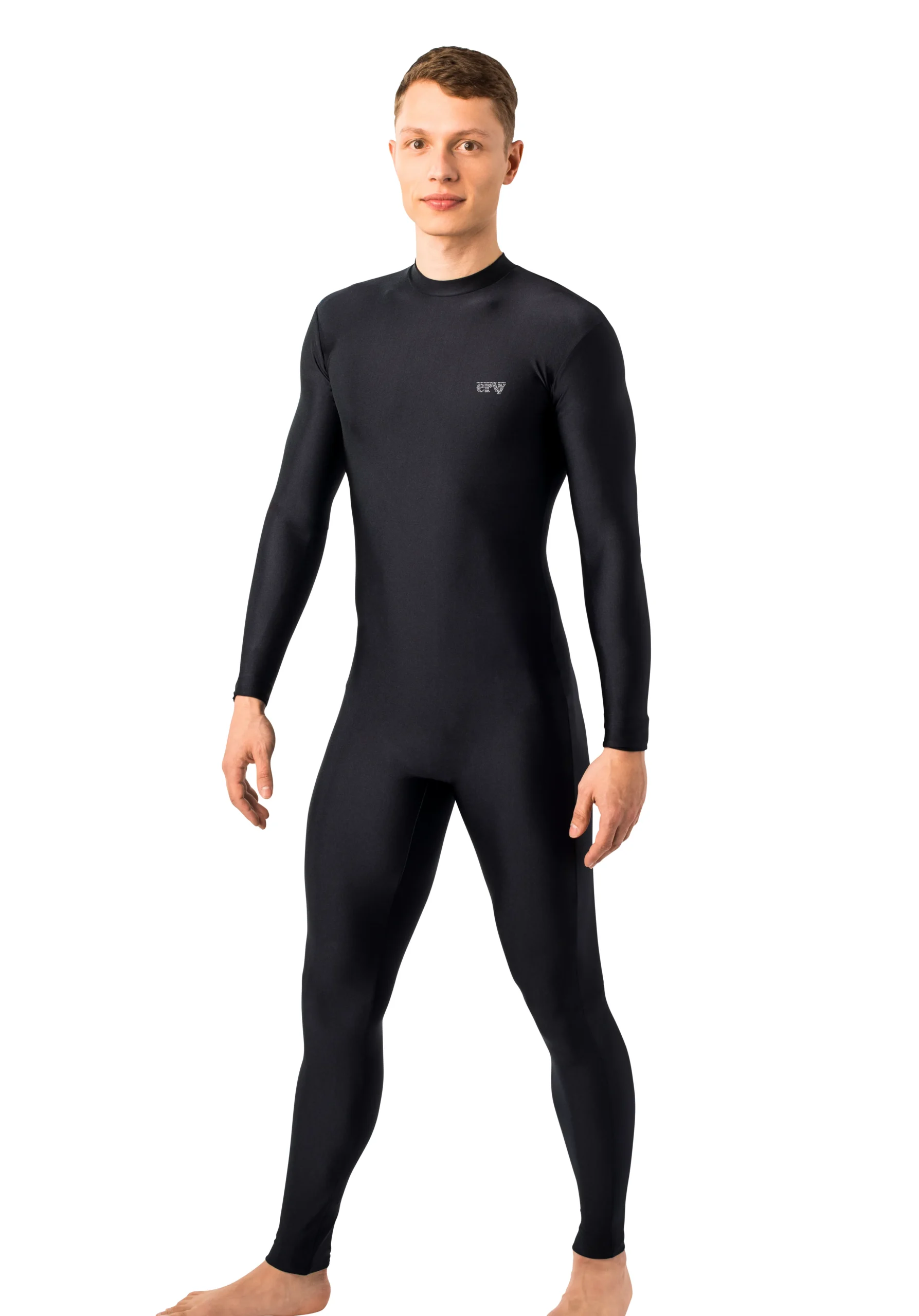 ERVY schwarzer Ganzanzug langarm mit Stehbund und Reißverschluss. Overall in glänzendem Material. In vielen Farben.
