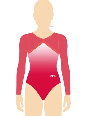 ERVY bedruckter langarm Turnanzug KALINA mit pinkroten Ärmeln und Farbverlauf im Unterteil in Rot-Weiß sowie glänzendem Design in neonlachs.
