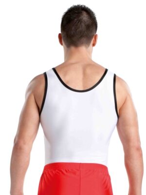 ERVY ärmelloser Wettkampf Turntrikot für Jungen mit einfarbigem weißem Rücken.