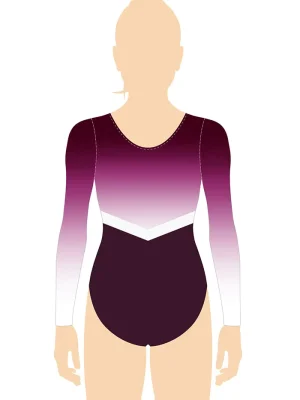 ERVY langarm Turnanzug Print in Violett-Weiß mit weißem Streifen und violett-rotem Unterteil.
