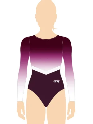 ERVY Turnanzug Print mit Verlauf in Violett-Weiß mit V-Streifen an Taille in glänzendem Weiß und Unterteil in Dunkelviolett.