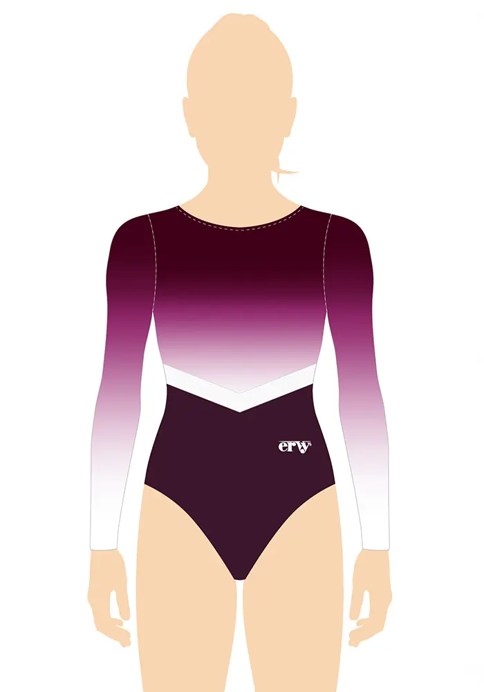 ERVY Turnanzug Print mit Verlauf in Violett-Weiß mit V-Streifen an Taille in glänzendem Weiß und Unterteil in Dunkelviolett.