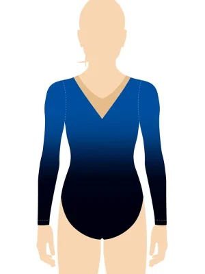 ERVY Print Gymnastikanzüge für Teams mit langen Armen bedruckt in Schwarz-Blau mit V-Design in Haut.