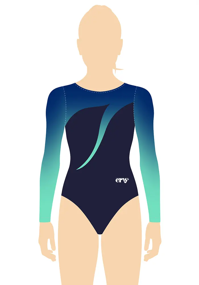 ERVY Damen Leotard mit Ombreverlauf Dunkelblau-caribic an den langen Ärmeln mit Unterteil in Dunkelblau glänzend.