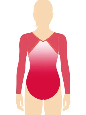 ERVY Turnanzug langarm KALINA mit pinkroten glänzenden Ärmeln und bedrucktem Unterteil in Rot-Weiß mit Streifen in glänzendem Neonlachs.