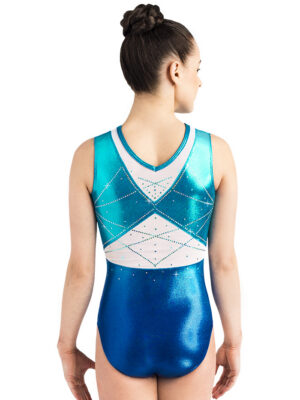 ERVY ärmelloser Glitzer Turnanzug Türkis-Blau mit Tülleinsatz im Rücken in Weiß.