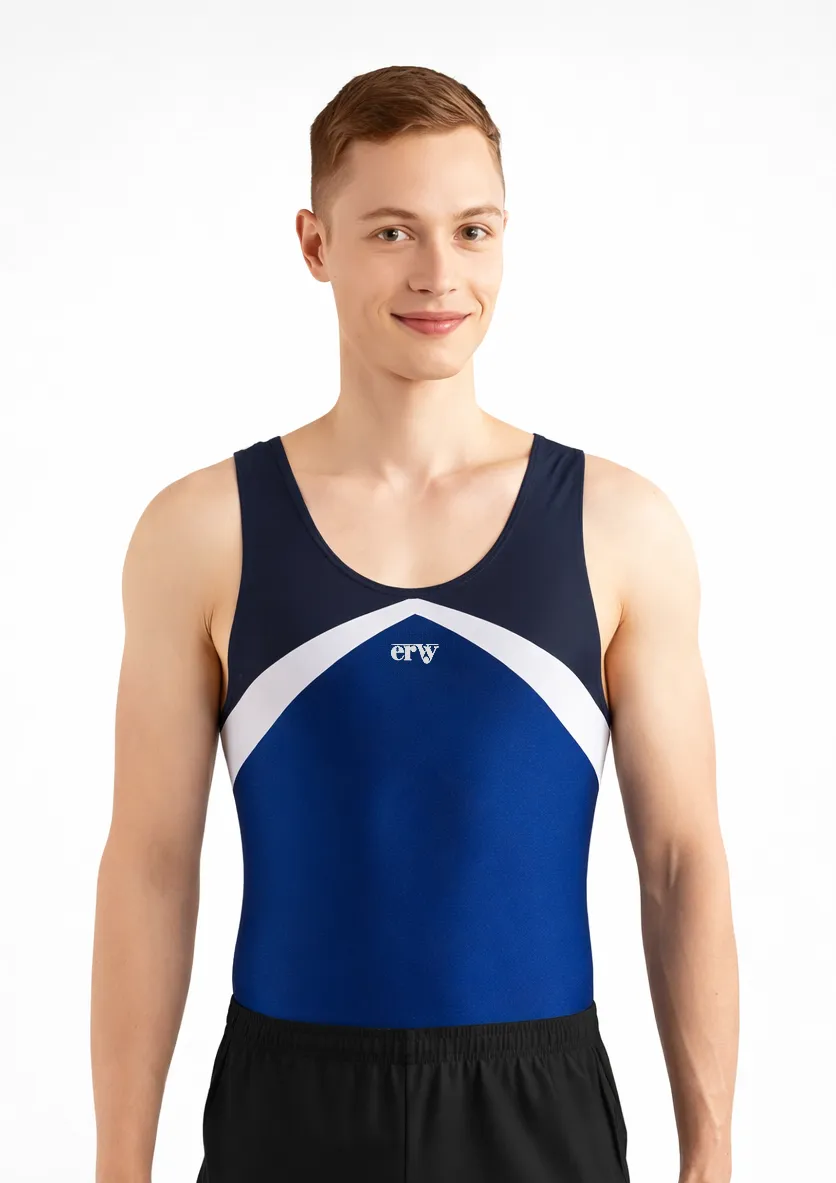 ERVY ärmelloses Herren Turntrikot in Blau mit weißen Streifen.