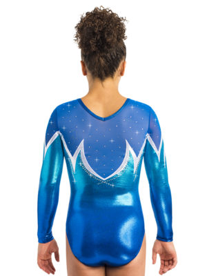 ERVY caribic-blauer Wettkampfanzug mit langen Armen, elastischem Netzmaterial im Oberteil und Glitzersteinen.