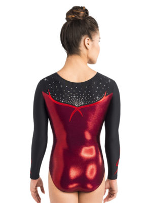 ERVY glänzende Turnanzüge in Rot-Schwarz mit dynamischem Design, langen Armen und Strasssteinen.