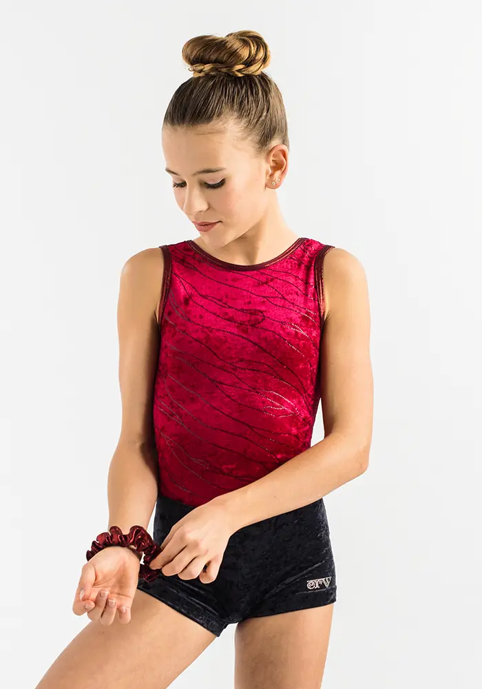 ERVY roter Samt Glitzer Letoard ohne Arm mit passendem Haargummi und samtig-weicher Hipster hüfttief.